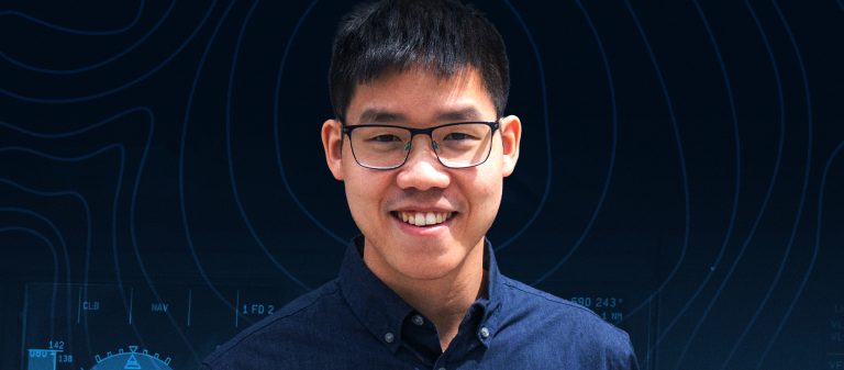 Bradley Jung headshot, with blue waves behind him