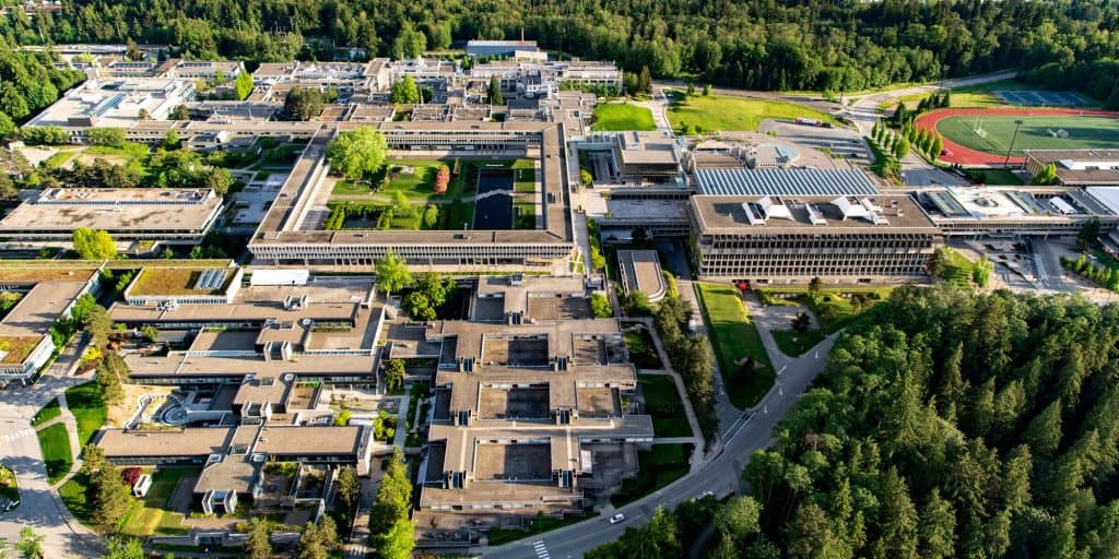 An aerial view of the Simon Fraser University campus.