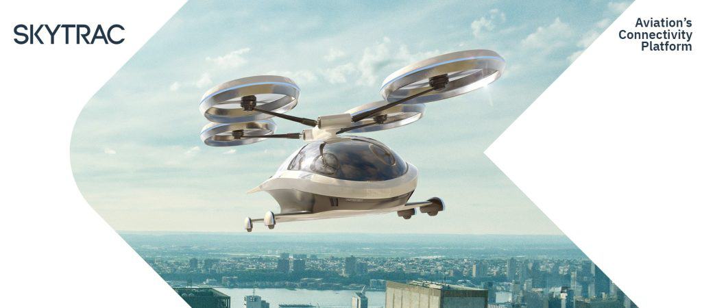 Futuristic UAM flying above buildings