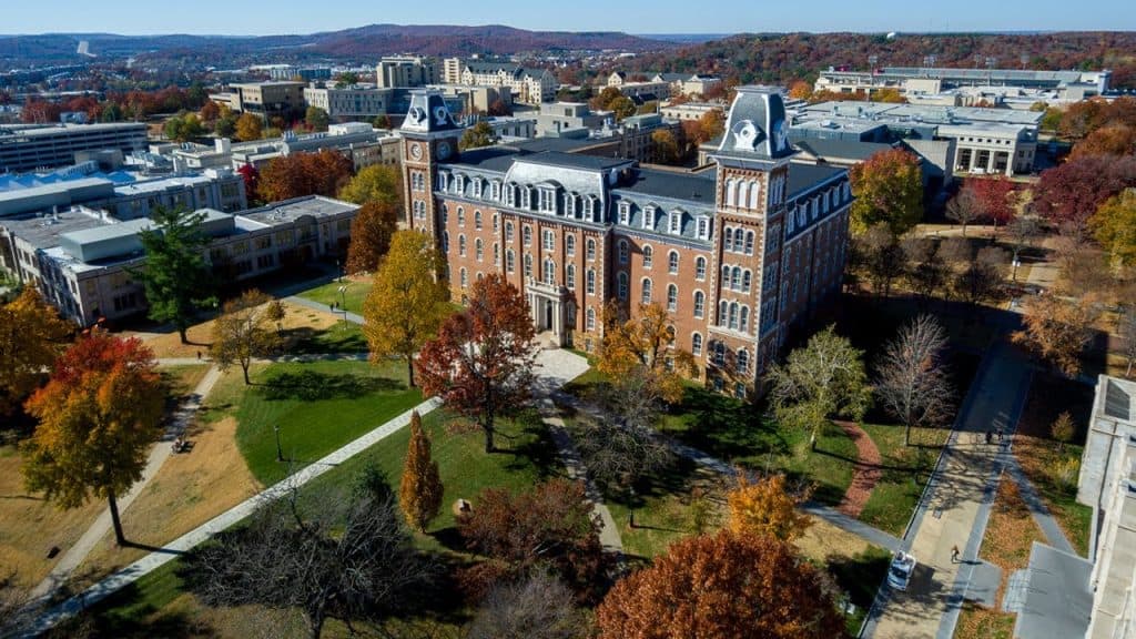 Aerial view of the University of Arkansas.